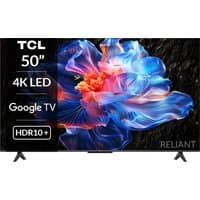 TCL 50V6C 50 Inch 4K LED Smart TV with vibrant floral display, slim black bezel, and dual stand legs.