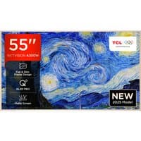 TCL 55A300W TV with slim frame, 55-inch QLED screen, displaying Van Gogh's Starry Night, 2025 model.