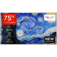 White TCL 75" 4K Ultra HD Smart TV with slim frame, Wi-Fi, and vibrant display featuring a starry night design.