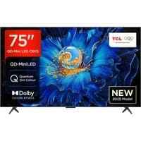 75-inch TCL 4K QD-MiniLED Smart TV with thin black bezel, vibrant blue floral display, and Dolby Vision Atmos logo.