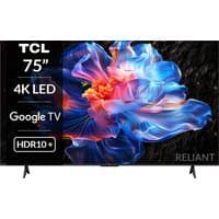 TCL 75V6C 75 Inch 4K LED Smart TV with thin bezel, vibrant display, HDR10+, and dual stand legs.