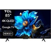 TCL 85 Inch 4K QLED Smart TV with vibrant blue flower display, HDR10+, and sleek black frame.