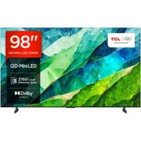 TCL 98" 4K Ultra HD Smart TV with titanium frame, vibrant display, and Wi-Fi connectivity, featuring QD-MiniLED.