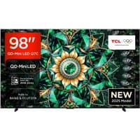 TCL 98" QLED Mini-LED Smart TV with thin black bezel, vibrant display, and sleek stand.