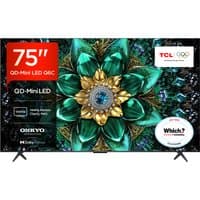 75" TCL Q6C 4K Ultra HD Smart TV with vibrant floral display, slim black bezels, and dual stand feet.