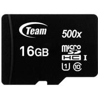 Black Team Group 16GB MicroSDHC card, UHS-I Class 10, with white text and 500x speed marking.