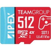 Red and blue Team Group 512GB Apex SD7.1 MicroSDXC Express Card with white text and game controller icon.