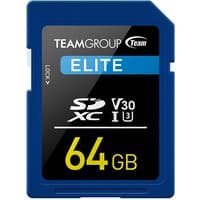 Team Group ELITE 64 GB SDXC UHS-I card, blue casing, black label with white text and yellow capacity marking.