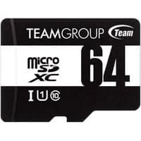 Black Team Group 64GB MicroSDXC memory card with white text, UHS-I and Class 10 symbols.