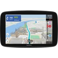 Black TomTom GO Camper Max navigator with 7" touchscreen displaying a map and route guidance.