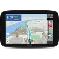 TomTom GO Camper Max GPS with large touchscreen, displaying a 3D map and navigation route.