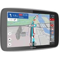 TomTom GO Expert Plus 7" GPS with large touchscreen displaying a colorful map and navigation details.