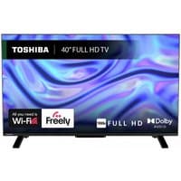 Toshiba 40" Full HD Smart TV with black frame, dual stand, Wi-Fi, Freely, Full HD, and Dolby Audio logos on screen.