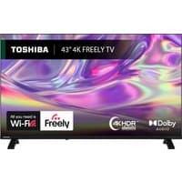 Toshiba 43" 4K Ultra HD Smart TV with Wi-Fi, sleek black frame, vibrant display, HDR, Dolby Audio logos.
