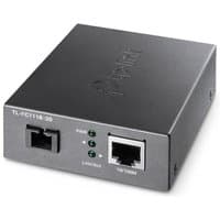 Black TP-Link fiber converter with RJ45 and SC ports, LED indicators, model TL-FC111B-20.