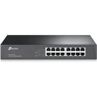 Black TP-Link 16-port network switch with LED indicators and Ethernet ports on the front panel.