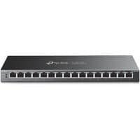 Black TP-Link 16-Port Gigabit Desktop Switch with 16 Ethernet ports and PoE+ capability, sleek rectangular design.
