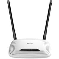 White TP-Link 300Mbps Wireless N WiFi Router with two black antennas and LED indicators on top.