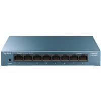 Blue TP-Link 8-port desktop network switch with LED indicators and Ethernet ports on the front panel.