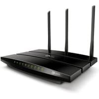 Black TP-Link AC1200 modem router with three antennas and LED indicator lights on the front panel.