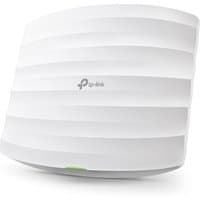 White TP-Link AC1350 ceiling mount access point with curved design and green LED indicator.