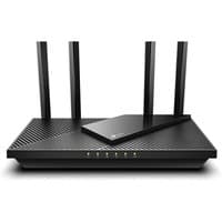Black TP-Link Archer AX3000 Wi-Fi 6 router with four antennas and LED indicators on the front panel.