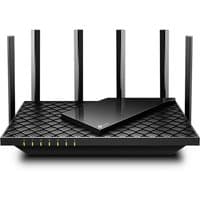 Black TP-Link Archer AX5400 Wi-Fi 6 router with six antennas and a diamond-patterned top surface.