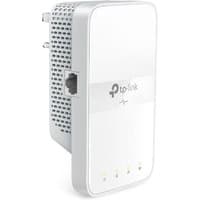 White TP-Link AV1000 powerline adapter with Ethernet port, LED indicators, and passthrough socket.