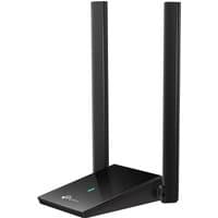 Black TP-Link AX1800 USB adapter with dual high-gain antennas and sleek rectangular base.