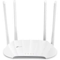 White TP-Link AX1800 Wi-Fi 6 access point with four antennas and sleek curved design.