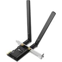 Black TP-Link AX1800 Wi-Fi 6 PCIe adapter with dual antennas and silver mounting bracket.