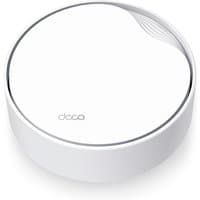 White TP-Link AX3000 mesh Wi-Fi 6 unit, circular design, Deco logo, sleek top with subtle wave pattern.