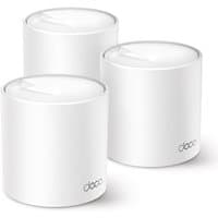White cylindrical TP-Link AX3000 mesh WiFi 6 system, 3-pack, with Deco logo on each unit.