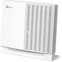 White TP-Link AX6000 Wi-Fi 6 VoIP router with vertical vents and logo on top left corner.