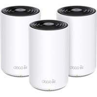 White cylindrical TP-Link AXE5400 Wi-Fi 6E routers, black vented tops, Deco logo on front, set of three.