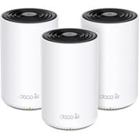 White cylindrical TP-Link AXE5400 mesh Wi-Fi system with black vented tops, set of three units.
