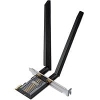 TP-Link BE6500 WLAN/Bluetooth card with dual black antennas and silver PCIe connector.