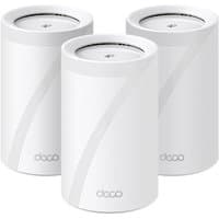 TP-Link BE9300 Whole Home Mesh Wi-Fi 7 System, white cylindrical units with subtle diagonal line design, set of three.