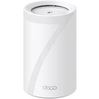 White cylindrical TP-Link BE9300 mesh Wi-Fi 7 unit with subtle diagonal line design and Deco logo at the base.