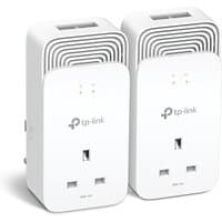 White TP-Link G.hn2400 passthrough powerline adapters with dual Ethernet ports and LED indicators.
