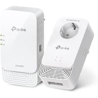 White TP-Link G.hn2400 Powerline AX1800 Wi-Fi 6 Kit with LED indicators and plug socket design.