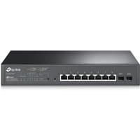Black TP-Link JetStream 10-Port Gigabit Smart PoE Switch with 8-Port PoE+, LED indicators, and metal casing.