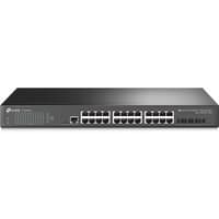 Black TP-Link JetStream switch with 24 gigabit ports and 4 SFP+ slots on a sleek rectangular chassis.