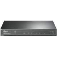 Black TP-Link JetStream 8-Port Gigabit Smart Switch with 4-Port PoE+, sleek design, LED indicators on front panel.
