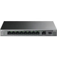 Black TP-Link 10-port Gigabit desktop switch with 8 PoE+ ports, LED indicators, and sleek rectangular design.