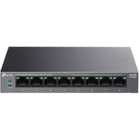 Black TP-Link 8-port Gigabit desktop switch with PoE+ ports, LED indicators, and metal casing.
