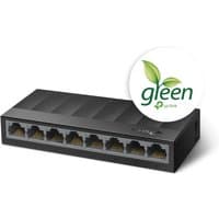 Black TP-Link LS1008G network switch with 8 Ethernet ports and green leaf logo on top.