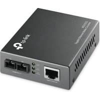 Black TP-Link MC210CS media converter with Ethernet port, fiber connectors, and LED indicators.