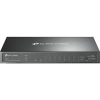 Black TP-Link Omada 10-Port Gigabit Smart Switch, 8-Port PoE+, sleek design with front LED indicators.