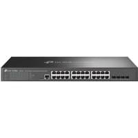 Black TP-Link Omada 24-Port Gigabit L2+ Managed Switch with 4 SFP slots, sleek design, and front-facing ports.